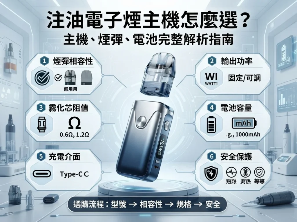 注油電子煙主機選購指南資訊圖表，展示煙彈相容性、輸出功率、霧化芯阻值、電池容量、充電介面與安全保護6大規格。